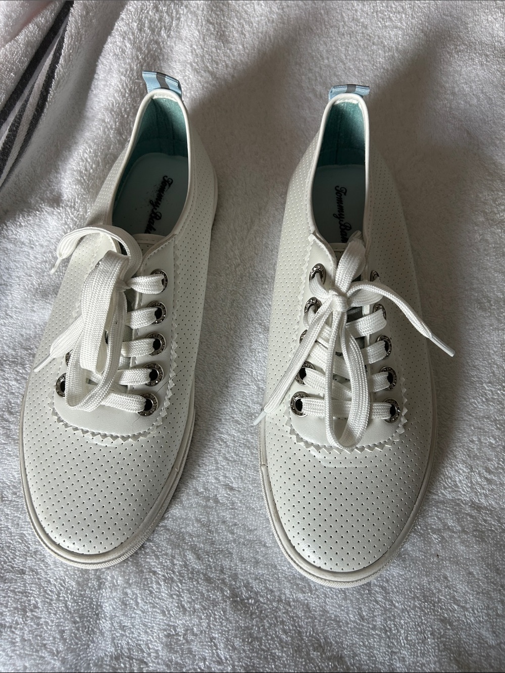 Tommy Bahama White Perforated Lace-Up Sneakers with Light Blue Inner